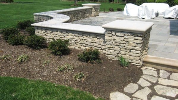 Harbor Blue Patio, Shoreline Thin Walls, Indiana Limestone Steps and Caps and Ottawa Smooth Steppers